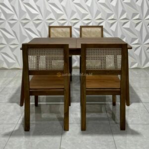 Set Kursi Meja Makan Cafe Kayu Jati Mix Rotan